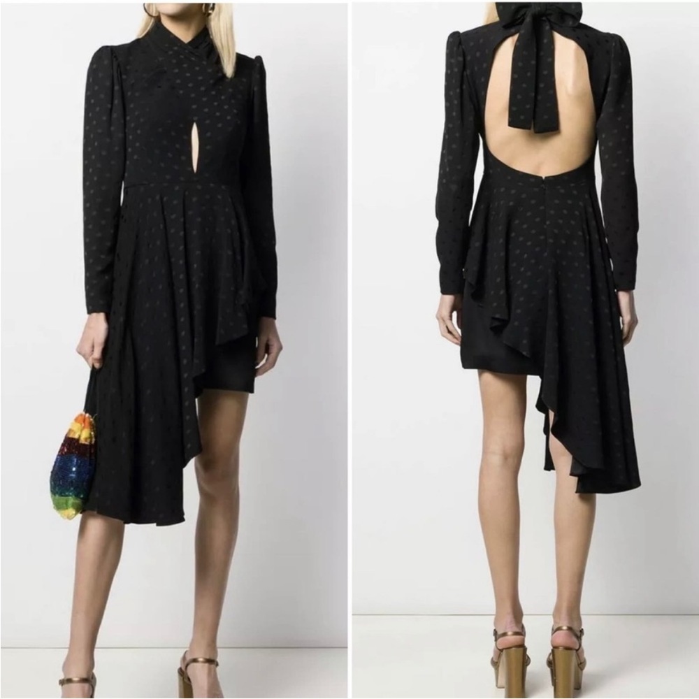 NWT RACIL Tina Crepe Jacquard Asymmetric Draped Dress Liquorice Polka Do…
